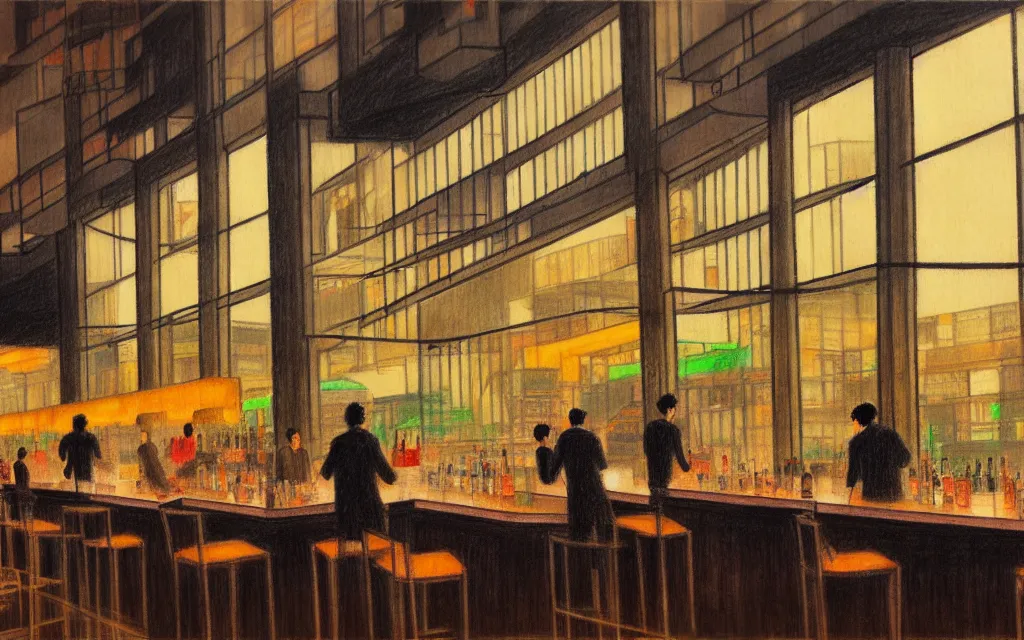 Image similar to feng zhu drawing of loft lounge with tall windows, few people, city in background, bar counter with bartender and few chairs nearby, sparse plants, dim painterly lighting volumetric aquatics, impasto