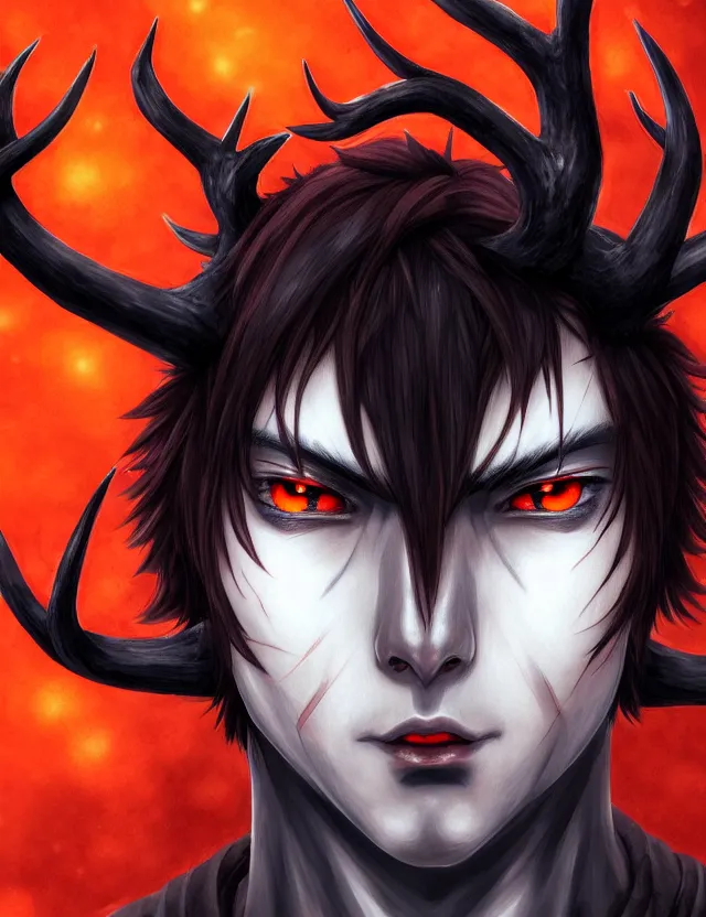 Prompt: a detailed manga portrait of a pitch black demon boy with dark antlers and crimson hair and glowing orange eyes, trending on artstation, digital art, 4 k resolution, detailed, high quality, sharp focus, hq artwork, coherent, insane detail, character portrait