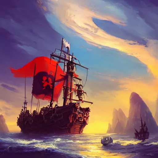 Image similar to a large pirate ship floating on top of a body of water, pirates flag, cgsociety, fantasy art, 2 d game art, concept art, heavenly lighting, retrowave, behance hd, concept art by jesper ejsing, by rhads, makoto shinkai cyril rolando, madgwick