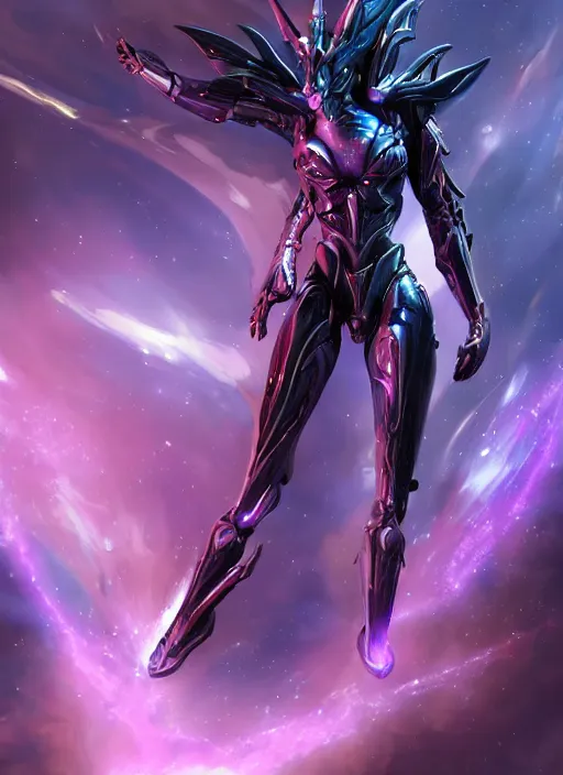 Image similar to cinematic close body, cosmic sized beautiful stunning giant robot mechan hot female dragon goddess, sharp sleek cyborg dragon head, sharp metal ears, smooth purple eyes, smooth fuschia skin, smooth silver armor, nebula, epic proportions, epic scale, macro furry, furry art, dragon art, goddess art, giantess art, warframe, warframe fanart, furaffinity, octane