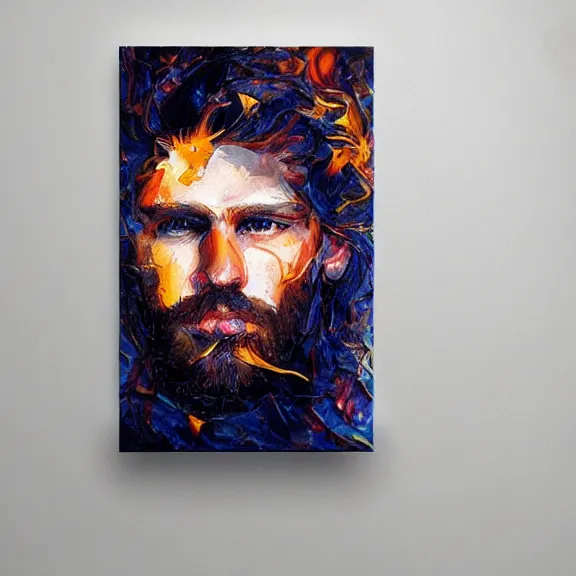 Image similar to abstract painting of man on fire. Handsome. Long hair. portrait. ArtStation. Impressionist