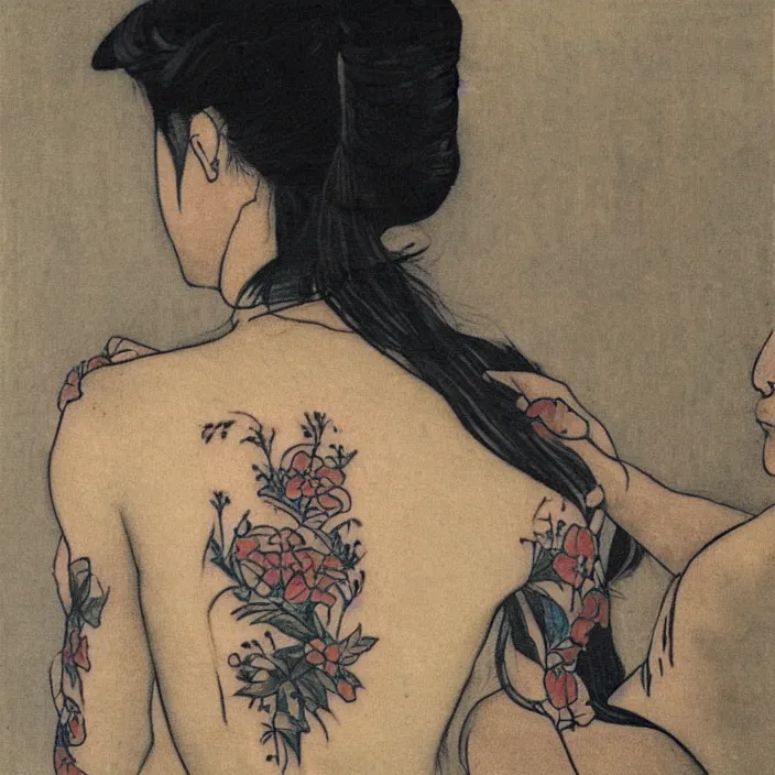 Prompt: man making a tattoo on the back of a woman. painting by hashiguchi goyo