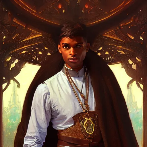 Image similar to brown-skinned male priest, fantasy, powerful, elegant, intricate, beautiful lighting, by Stanley Artgerm Lau, greg rutkowski, thomas kindkade, alphonse mucha, loish, norman Rockwell