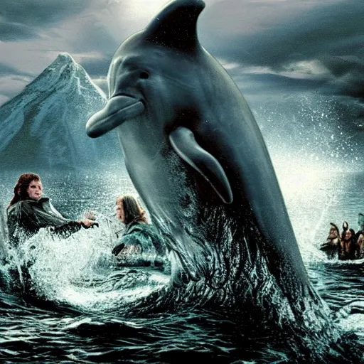 Image similar to lord of the rings where all characters are dolphins