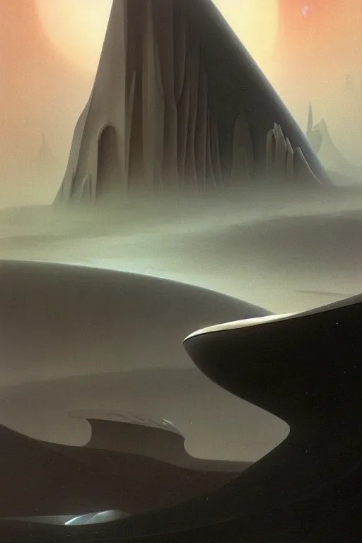 Prompt: otherworldly mountainous alien planet by arthur haas and bruce pennington and john schoenherr with a zaha hadid building, cinematic matte painting, 8 k realistic, stormy weather, dark moody colors