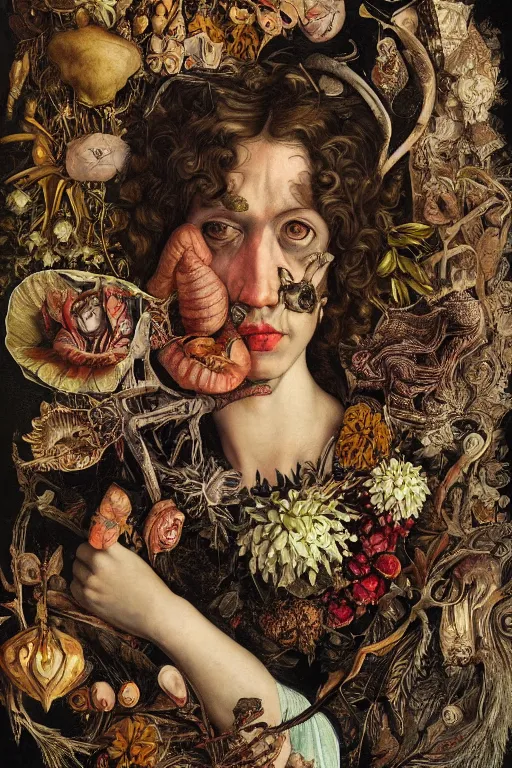 Image similar to Detailed maximalist portrait with large lips and with large eyes, sad exasperated expression, HD mixed media, 3D collage, highly detailed and intricate illustration, botany and bones, in the style of Caravaggio, dark art, baroque