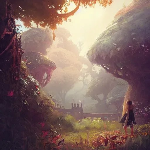 Image similar to a girl encountering a lost overgrown castle in another world. By Sylvain Sarrailh, Repin, and Ruan Jia.