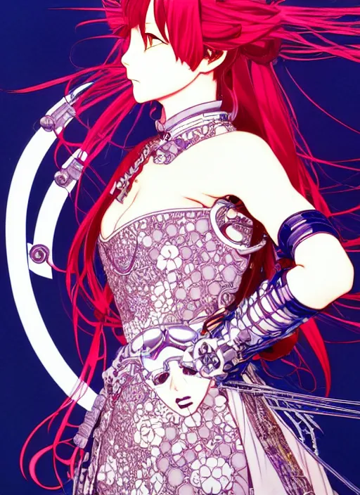 Image similar to highly detailed terada katsuya artstation minaba hideo fantastic fate shigenori soejima manga poster of princess mechine, long hair, armor, dress, laces, ruffles, 8 k, fluorescent, maximalist, jump comics, tomer hanuka, alphonse mucha