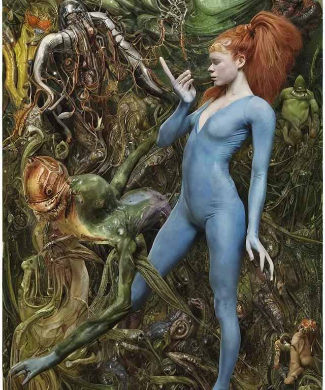 Prompt: a portrait photograph of a athletic sadie sink as a strong alien harpy queen with slimy amphibian skin. she is trying on a blue bulbous infected slimy organic membrane parasite catsuit and transforming into an insectoid amphibian. by donato giancola, walton ford, ernst haeckel, brian froud, hr giger. 8 k, cgsociety