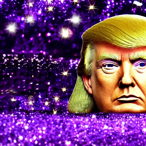 Image similar to Donald Trump with silver-violet hair, white eyes and golden glittery dress, wide lens, diorama, 4k,