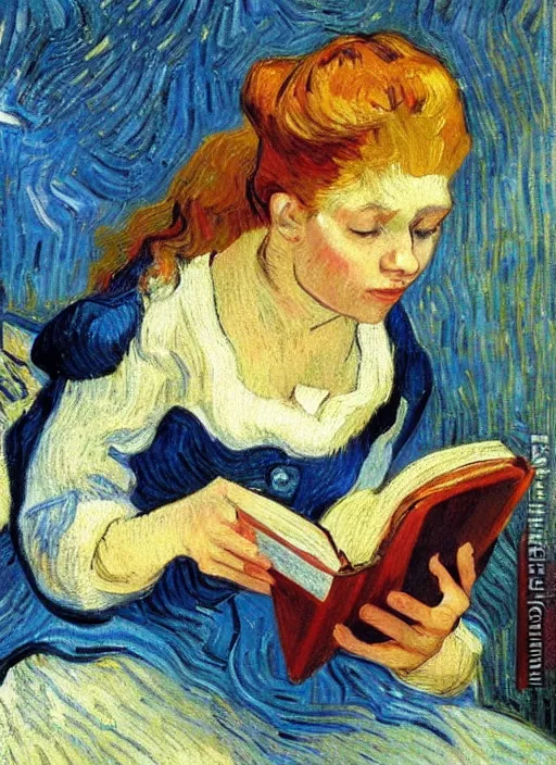 Image similar to lifelike oil painting portrait of belle reading a book by van gogh