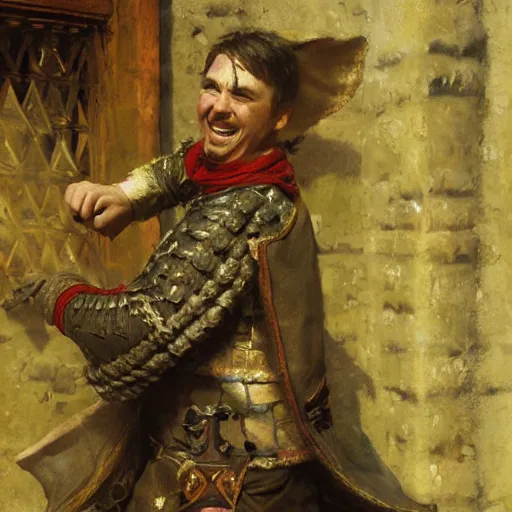 Image similar to an elated medieval chancellor, dancing a jig, character portrait by greg rutkowski, gaston bussiere, craig mullins