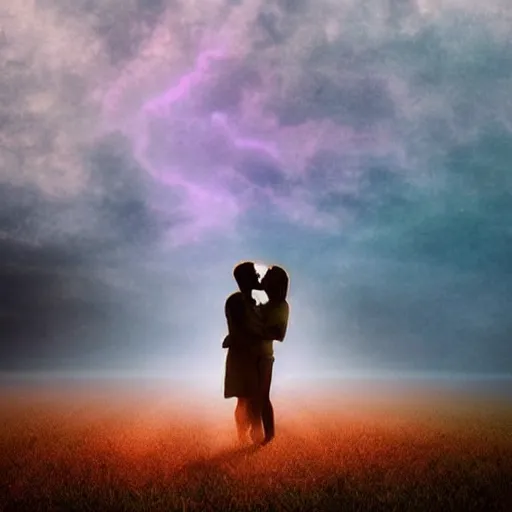 Image similar to a fantastic dreamy image of a vision of a couple having a loving kiss, in the form of spirit people dreaming, ethereal, dreamlike, misty, godrays, golden amber light