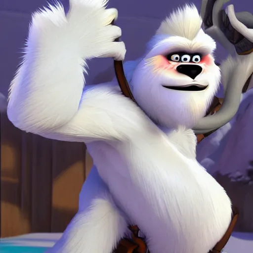 Image similar to the yeti, a white snow primate, in style of disney animation, expressive face, detailed face, detailed eyes, full body, feminine face, tracer overwatch, disney, pixar