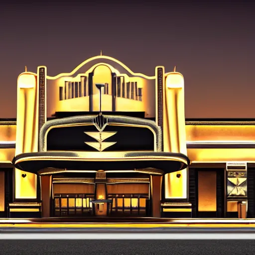 Image similar to beautiful exterior of art deco palace movie theater at night premiere, pillars, dust, dark, long shadows, atmospheric, gold and black marble lacquered, palm trees, luxury architecture, low angle, dynamic cinematic light, 3 5 mm, realistic, insanely detailed, hyper detail, hyper real, unreal engine render, 8 k