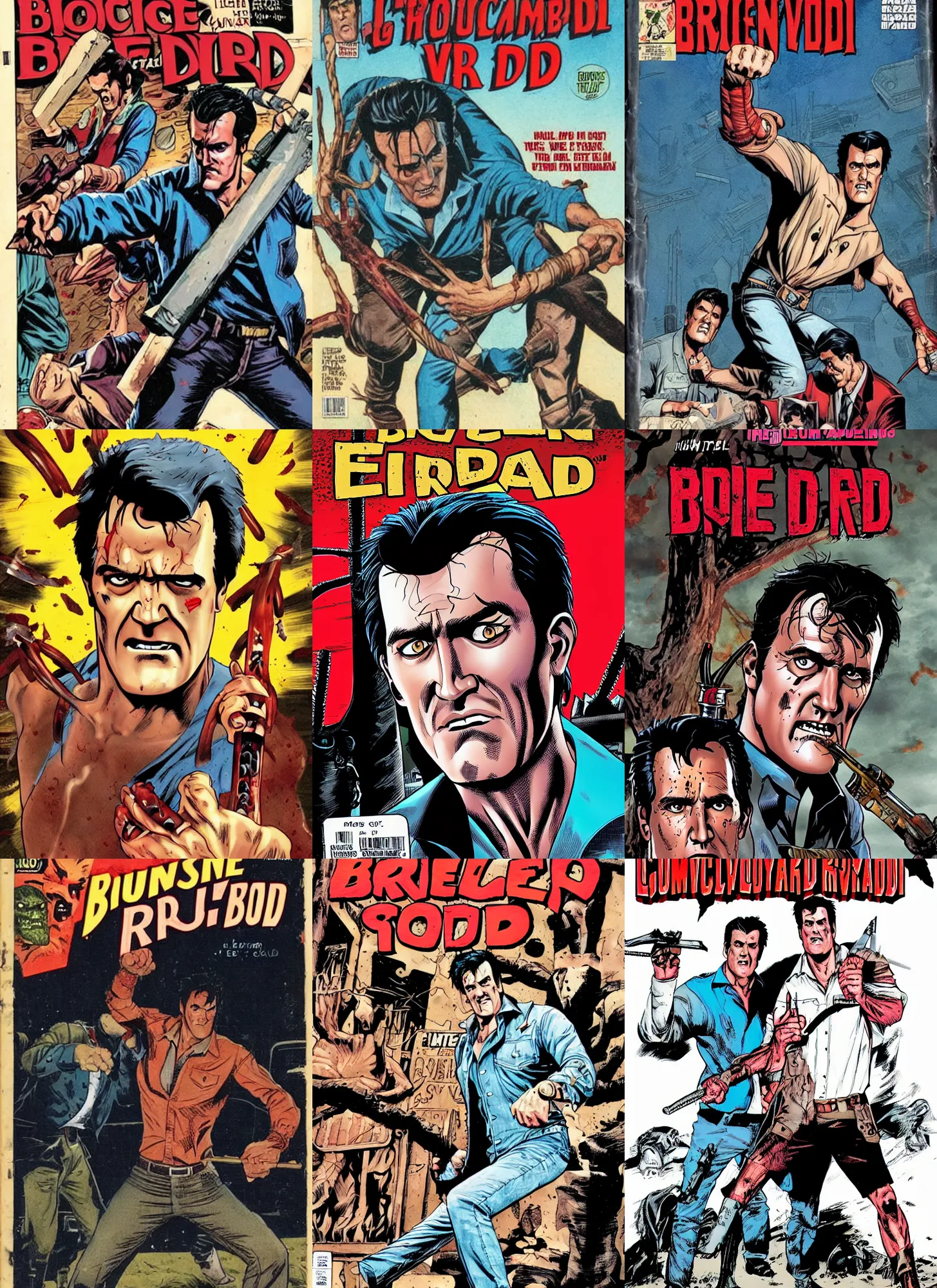 Prompt: comic book cover of bruce campbell fighting the evil dead