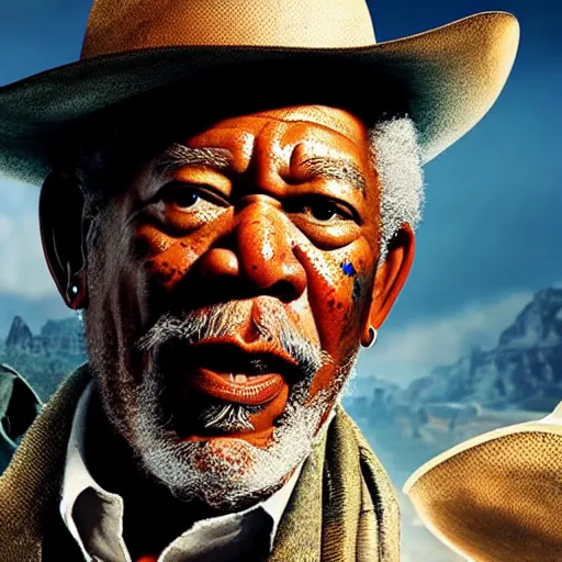 Prompt: an film still of morgan freeman as cowboy with beard, western background, unreal engine