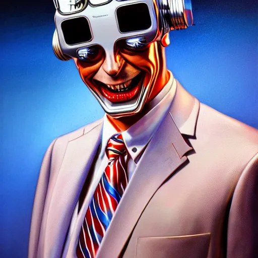 Image similar to Portrait of pee-wee herman as a chrome cyborg, highly detailed, digital painting, artstation, concept art, illustration, dramatic lighting, art by hajime sorayama