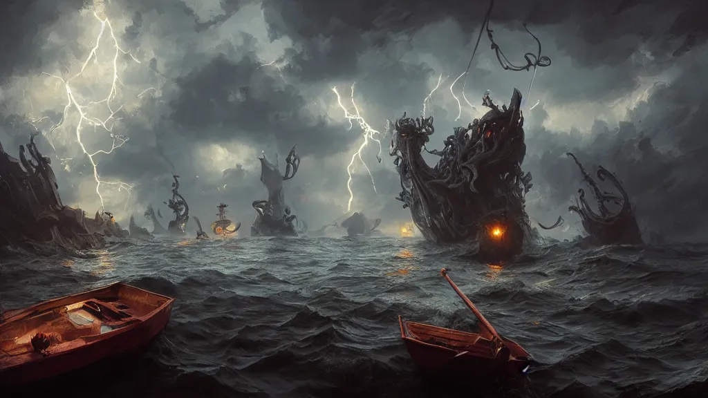 Image similar to small boat in foreground, giant big krakens and tentacles in the background, lightning in background, intricate, detailed, volumetric lighting, sharp focus, scenery, photorealism, digital painting, highly detailed, concept art, ruan jia, steve mccurry