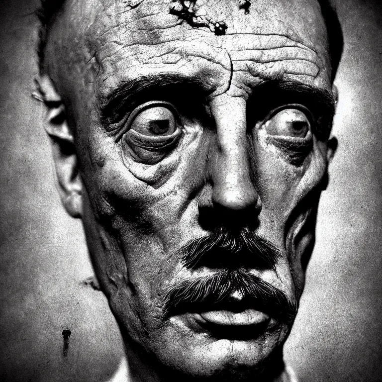 Image similar to surreal closeup portrait photo of man face by Salvador Dalí, Dalion exoplanet, baroque painting, desolate empty wasteland, creepy, nightmare, dream-like heavy atmosphere, dark fog, surreal abandoned buildings, baroque painting, beautiful detailed intricate insanely detailed octane render trending on Artstation, 8K artistic photography, photorealistic, volumetric cinematic light, chiaroscuro, Raphael, Caravaggio, Beksinski, Giger, Dali