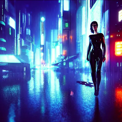 Prompt: jennifer connely starring in a cyberpunk movie in a distopic futuristic city in the style of bladerunner, movie still, highly detailed, rainy night, volumetric lights, dramatic, scifi