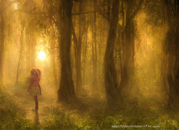 Image similar to misty swamp in early morning, hazy fog, sundown golden hour, firefly wisps, sun rays through trees, Lilia Alvarado, Sophie Anderson, Mark Arian, Bob Byerley, Charlie Bowater, Mark Brooks, Steve Henderson, Justin Gerard, Arthur Hughes, Edward Robert Hughes, Mark Keathley, Victor Nizovtsev, Carlos Shwabe, Ross Tran, WLOP