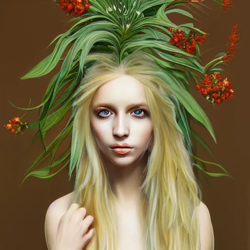 Prompt: a symmetrical portrait of a blonde woman with plants in hair, oil painting, pale colors, high detail, 8 k, wide angle, trending on artstation,