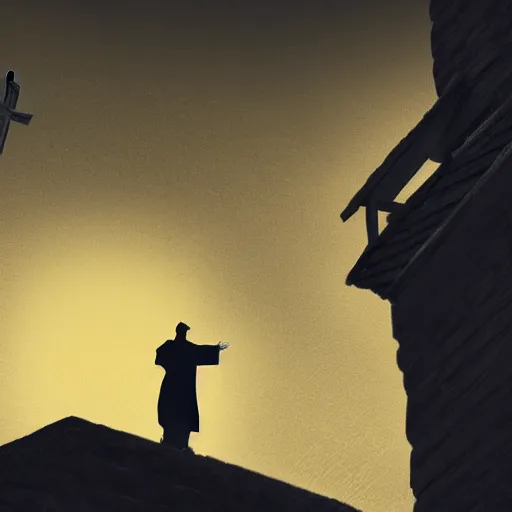 Image similar to Close-up of a terrified catholic priest in his thirties on the roof of a medieval tower watching in fear as an ominous yellow shadow descends upon him from the night sky. He is fervently praying but his eyes are wide open with fear. Low angle angle, dramatic lighting. Award-winning digital art, trending on ArtStation