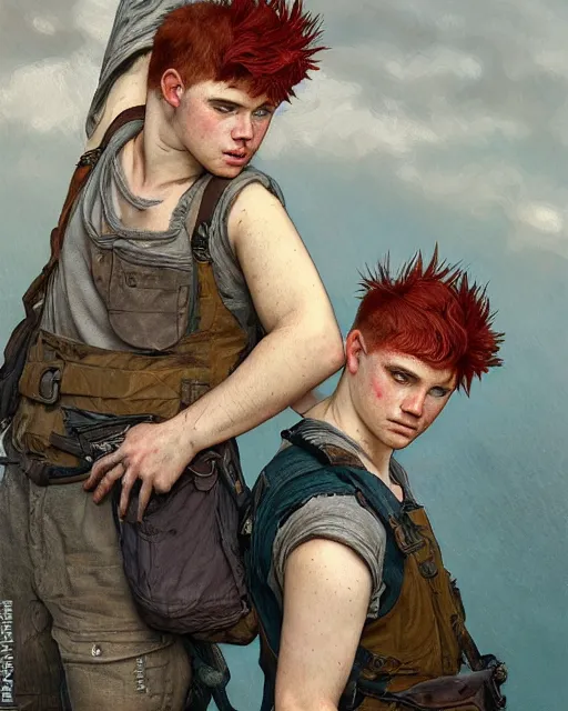 Image similar to portrait of short and stocky, 1 9 - year - old male twins with red hair and freckles, hyper realistic face, beautiful eyes, fantasy art, in the style of greg rutkowski, intricate, alphonse mucha, hyper detailed, smooth