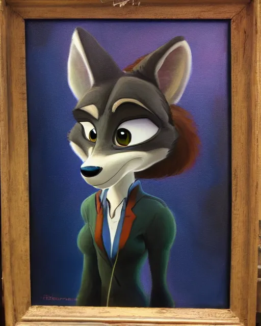 Image similar to oil painting of anthromorphic female wolf, in style of zootopia, zootopia, zootopia, fursona, furry, furaffinity, 4 k, deviantart, furry art, fursona art, wearing black business suit, business suit, in style of zootopia, wolf fursona, cyberpunk, female, expressive detailed feminine face,