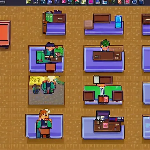 Prompt: “office workers sitting in their desks wearing suits in the style of stardew valley”