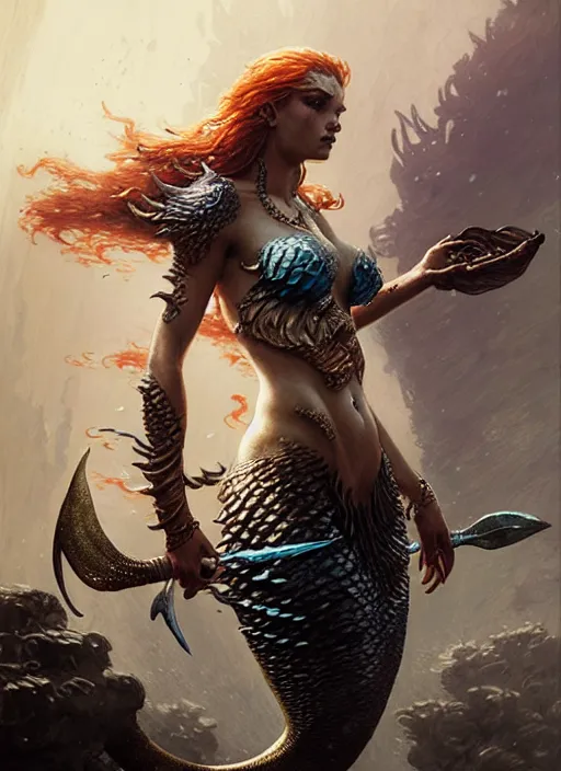 Image similar to a fierce mermaid warrior under water, fantasy character portrait, ultra realistic, concept art, intricate details, highly detailed by greg rutkowski, gaston bussiere, craig mullins, simon bisley