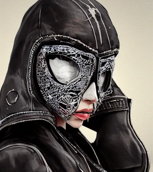 Prompt: a girl wearing a jacket, mask, punk outfit, highly detailed, digital painting, artstation, concept art, smooth, sharp focus, illustration