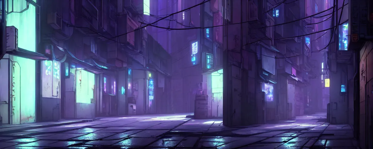 Image similar to a close up of a city alleyway in the atmospheric cyberpunk anime film, gouache matte background painting, neon noir, at night with lights, by makoto shinkai, in the anime series ergo proxy, beautiful specular edge highlights and rim lighting