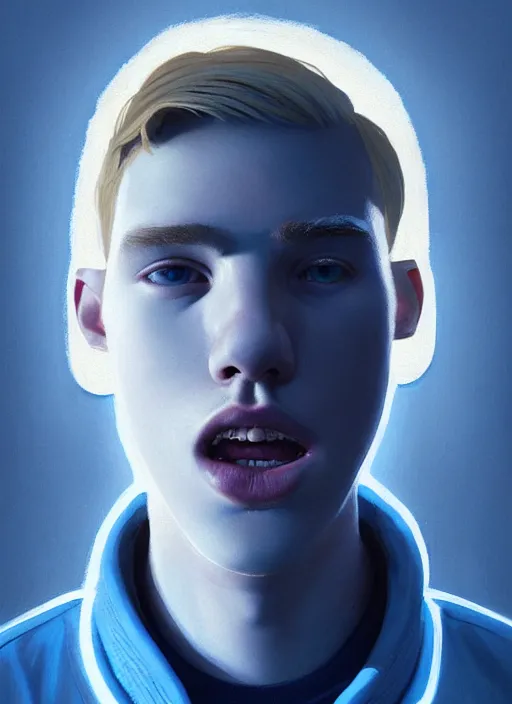 Image similar to portrait of high school senior boy named big moose, blonde short hair, jock, beefy, wide face, square jaw, square facial structure, blue varsity jacket with letter r, intricate, elegant, glowing lights, highly detailed, digital painting, artstation, concept art, sharp focus, illustration, art by wlop, mars ravelo and greg rutkowski