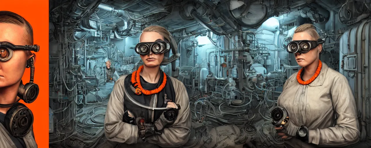 Image similar to character concept art 3 / 4 portrait of tattooed stoic heroic emotionless butch blonde woman engineer with short slicked - back hair, wearing dark victorian goggles, wearing orange bandana around neck, working inside reactor room, awkward and uncomfortable and anxious, dirty, dynamic composition by ron cobb. industrial space program, scifi, hyper detailed. octane render. trending on artstation