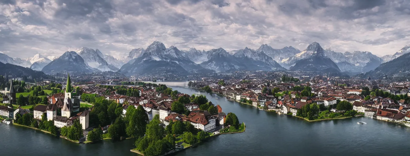 Image similar to Photo of Zurich, looking down the river at the lake and the alps, Hardturm, Grossmünster, wide angle, volumetric light, hyperdetailed, mountain water, artstation, cgsociety, 8k