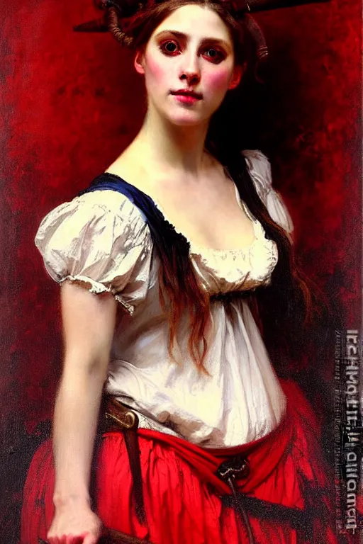 Image similar to solomon joseph solomon and richard schmid and jeremy lipking victorian genre painting portrait painting of a young beautiful woman traditional german french actress model pirate wench in fantasy costume, red background