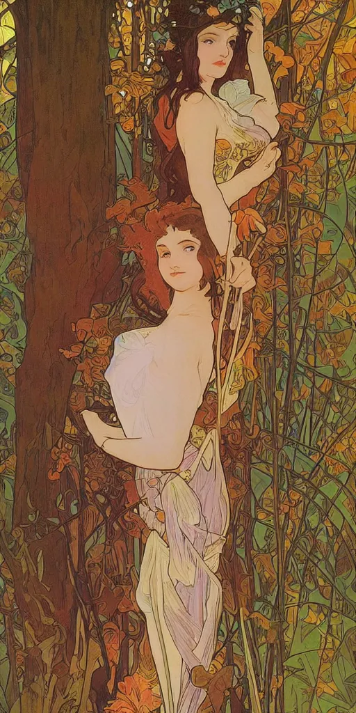 Image similar to a beautiful illustration of a beautiful lady in the forest, autumn, golden hour, alphonse mucha, moebius, cinematic