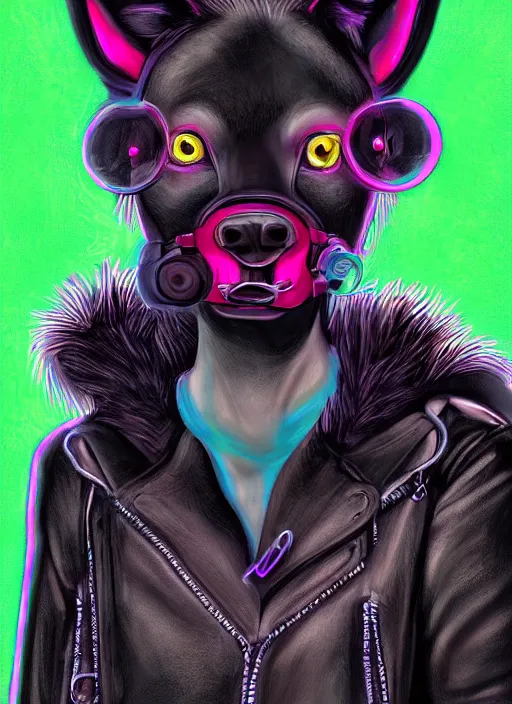 Image similar to digital painting of anthromorphic hyena female, fursona, furry fandom, neon rainy cyberpunk setting, anthro, wearing cyberpunk leather jacket, detailed face,