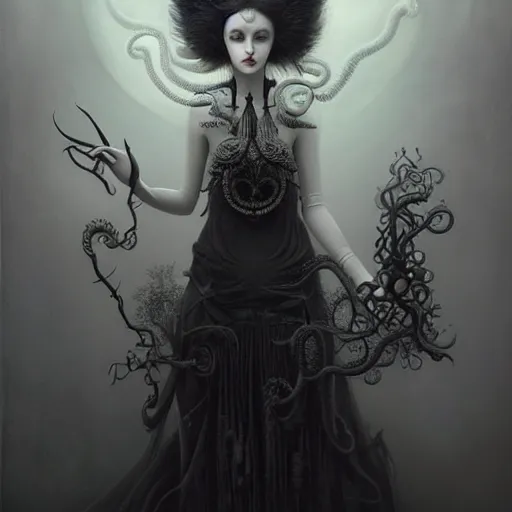 Prompt: By Tom Bagshaw, ultra realist soft painting of a curiosities carnival spikes flowers and tentacles by night, very beautiful dark eyed female dollpunk in full long dress, symmetry accurate features, very intricate details, omnious sky, black and white, volumetric light clouds