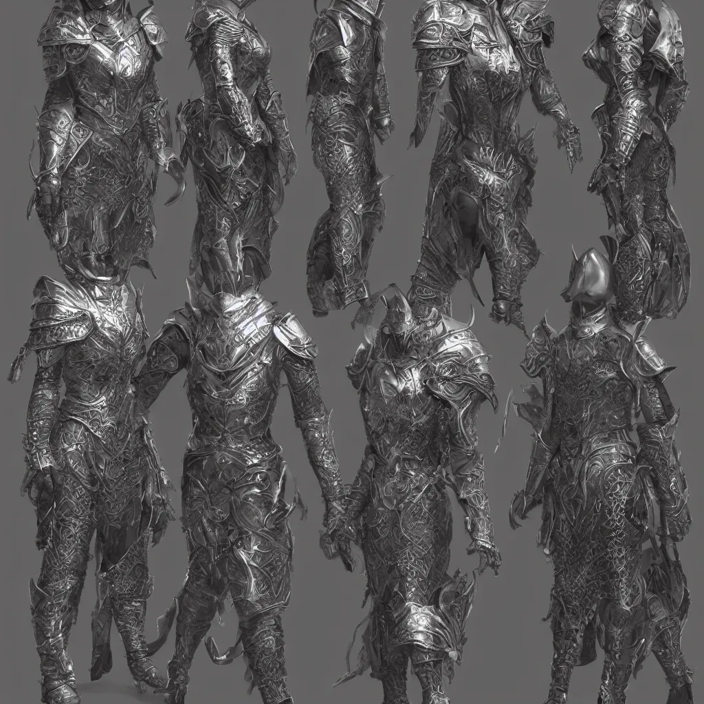 Prompt: concept layout of 3 d rendered full suit of decorative female armor, filigree, lord of the rings, elder scrolls, detailed, art station, unreal engine