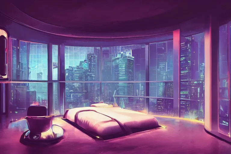 Image similar to a futuristic bedroom with large curved ceiling high windows looking out to a far future cyberpunk cityscape, cyberpunk neon lights, raining, scifi