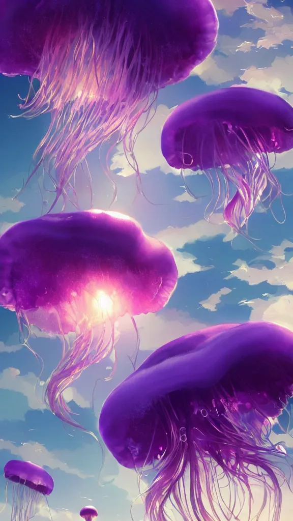 Image similar to A ultradetailed beautiful panting of a beautiful group of purple jellyfish flying peacefully in a heavenly sky, peaceful, relaxing, oil panting, high resolution 4K, by Ilya Kuvshinov, Greg Rutkowski and Makoto Shinkai