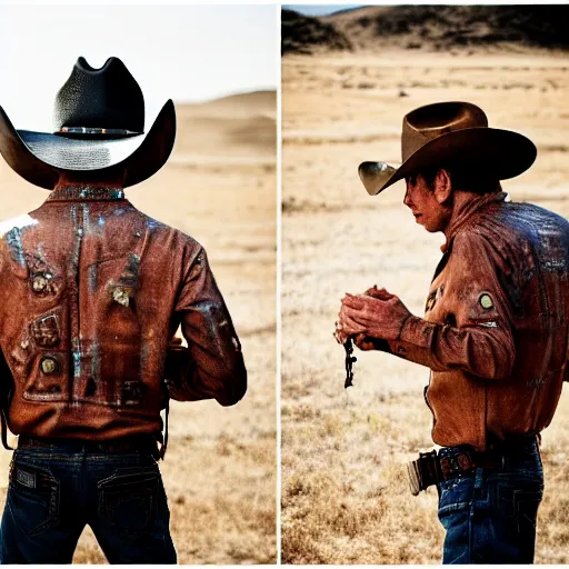 Image similar to alien cowboys, close-up portrait, Canon EOS R3, f/1.4, ISO 200, 1/160s, 8K, RAW, unedited, symmetrical balance, in-frame