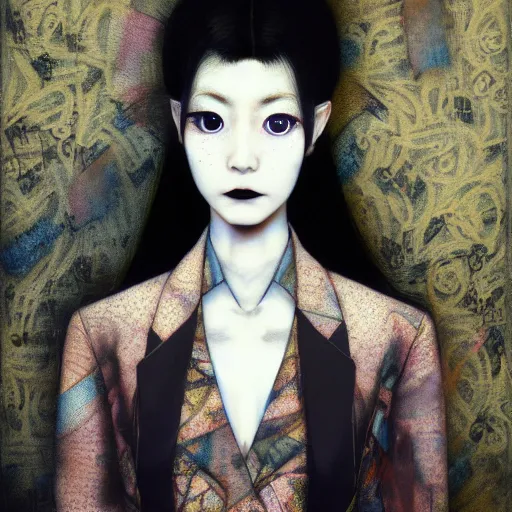 Image similar to yoshitaka amano blurred and dreamy realistic three quarter angle portrait of a young woman with black lipstick and black eyes wearing dress suit with tie, junji ito abstract patterns in the background, satoshi kon anime, noisy film grain effect, highly detailed, renaissance oil painting, weird portrait angle, blurred lost edges