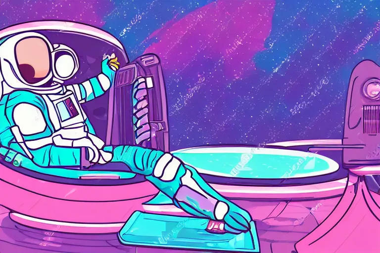 Image similar to an astronaut lounging in a tropical resort in space in a vaporwave style