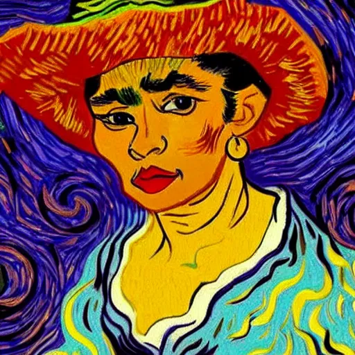 Prompt: beautiful tan mexican woman, dancing in a field of roses, prominent rosy cheek bones, black hair and brown eyes, van gogh art style,