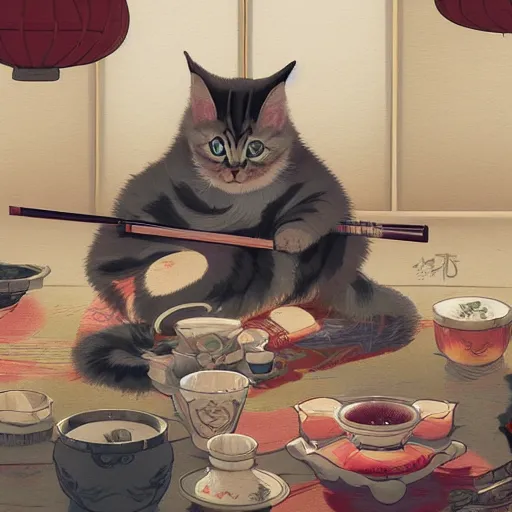 Prompt: many cat samurais are drinking tea, highly detailed, digital painting, artstation, japanese ukiyo style,, movie still, smooth, sharp focus uhd 8 k