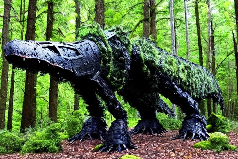 Image similar to mossy recycled tire sculpture of a tyrannosaurus in the forest